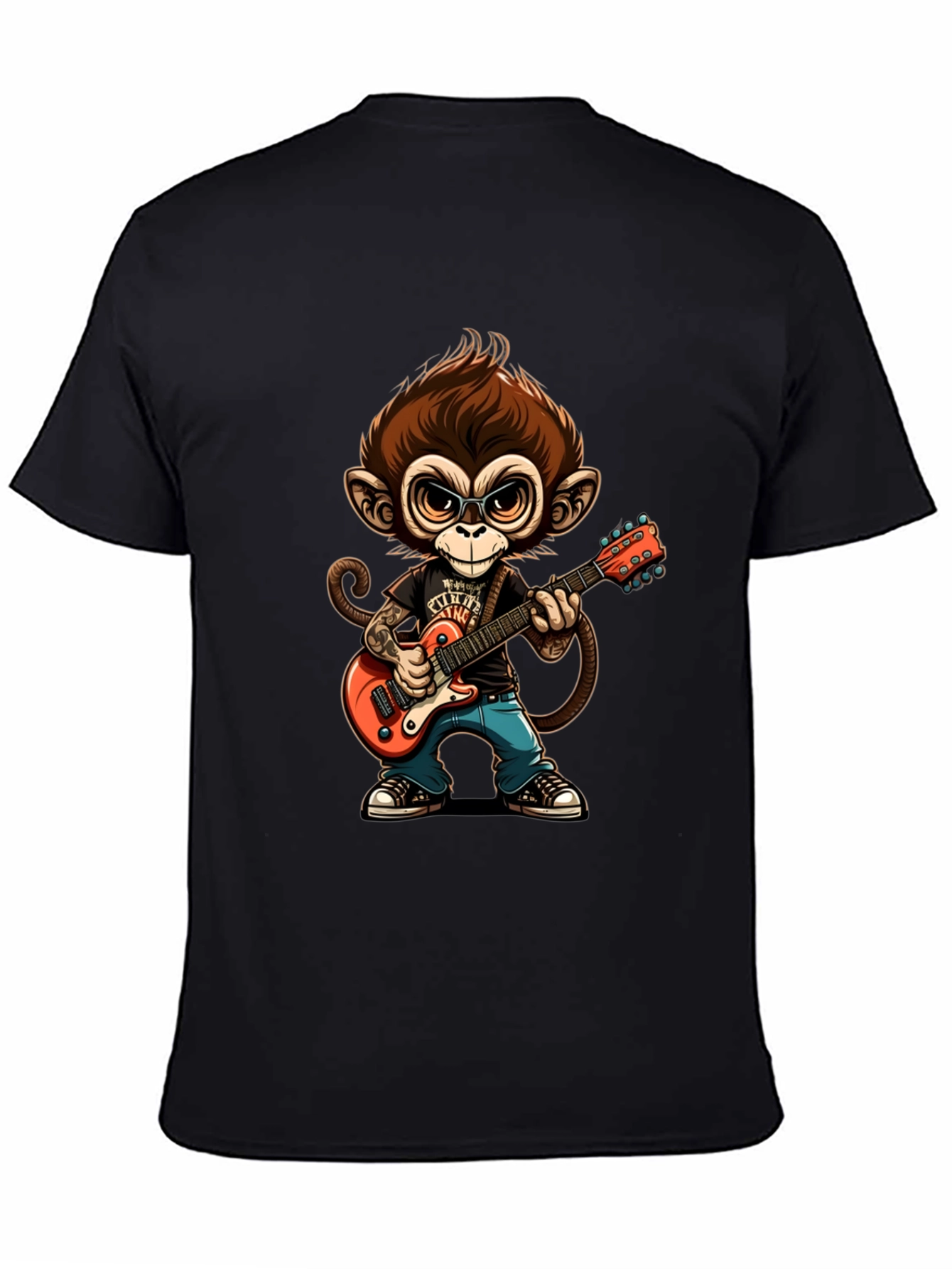 Monkey Guitarist Graphic Tee - Black Cotton T-Shirt
