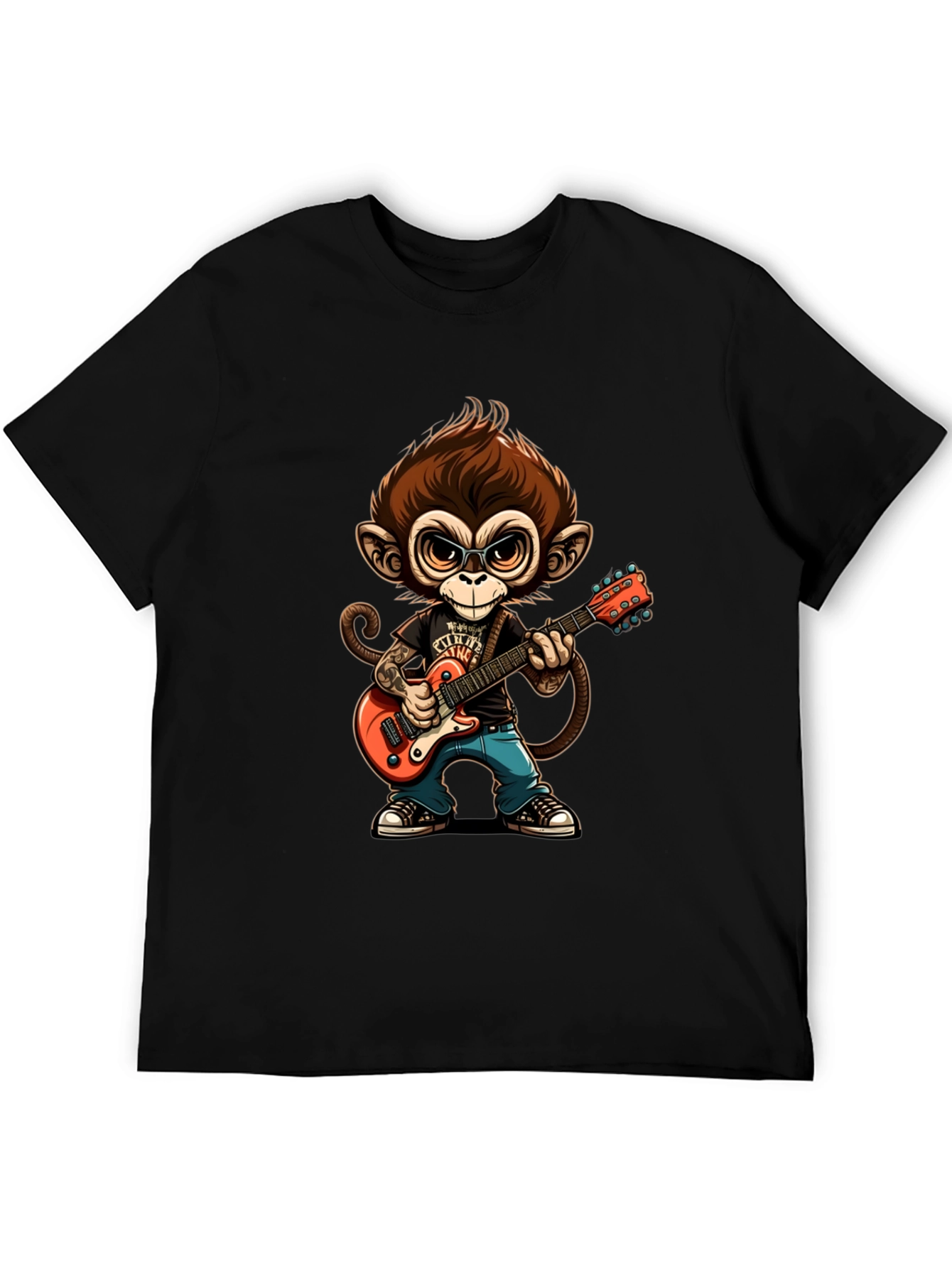 Monkey Guitarist Graphic Tee - Black Cotton T-Shirt