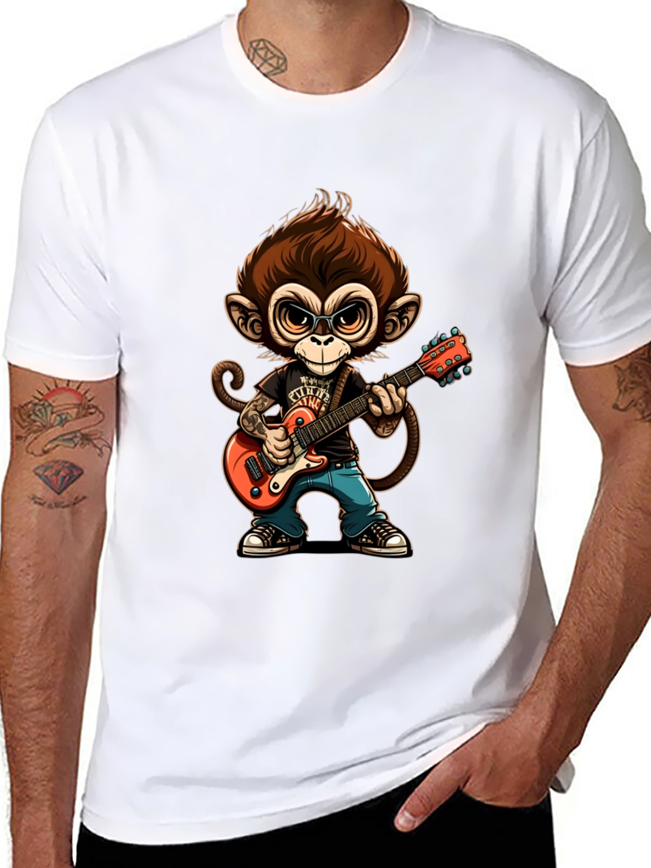 Monkey Guitarist Graphic Tee - Black Cotton T-Shirt