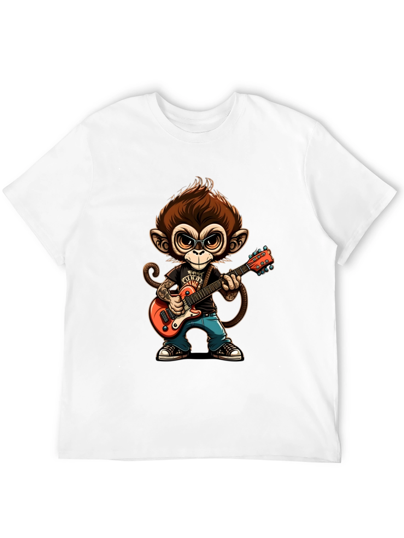 Monkey Guitarist Graphic Tee - Black Cotton T-Shirt