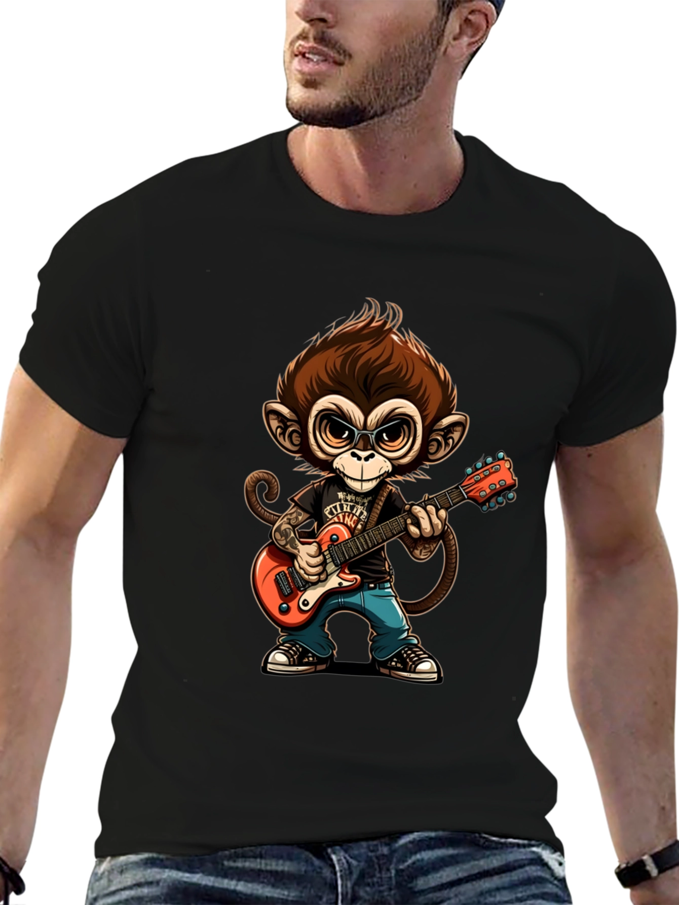 Monkey Guitarist Graphic Tee - Black Cotton T-Shirt