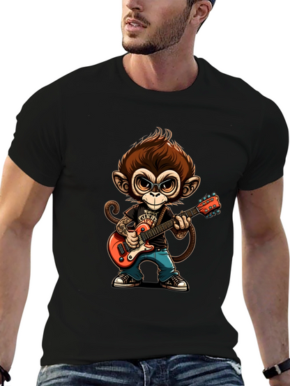 Monkey Guitarist Graphic Tee - Black Cotton T-Shirt