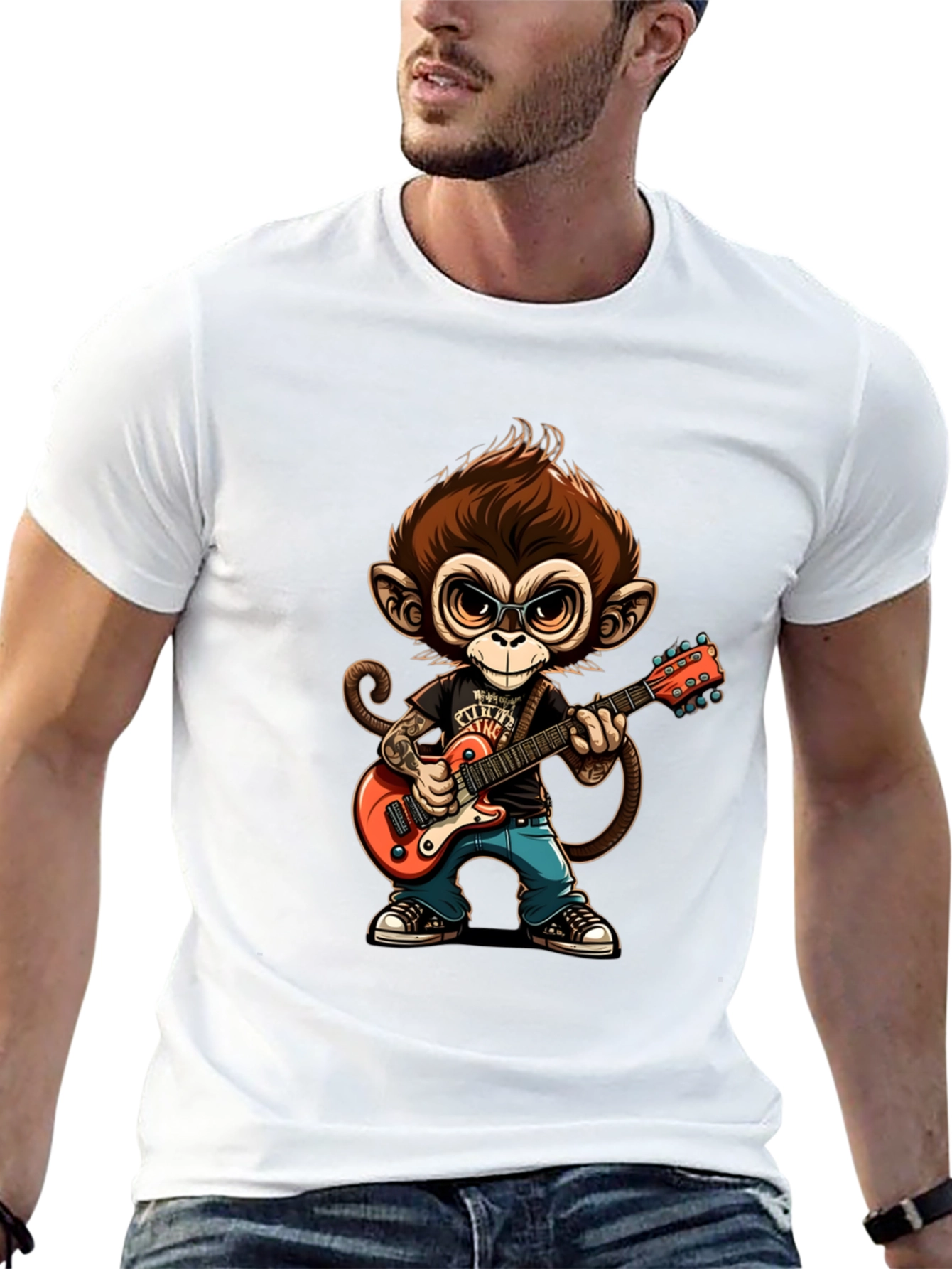 Monkey Guitarist Graphic Tee - Black Cotton T-Shirt