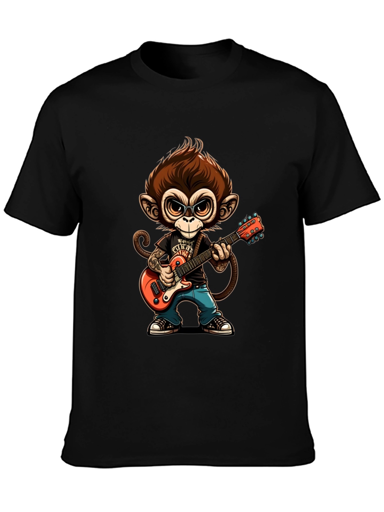 Monkey Guitarist Graphic Tee - Black Cotton T-Shirt
