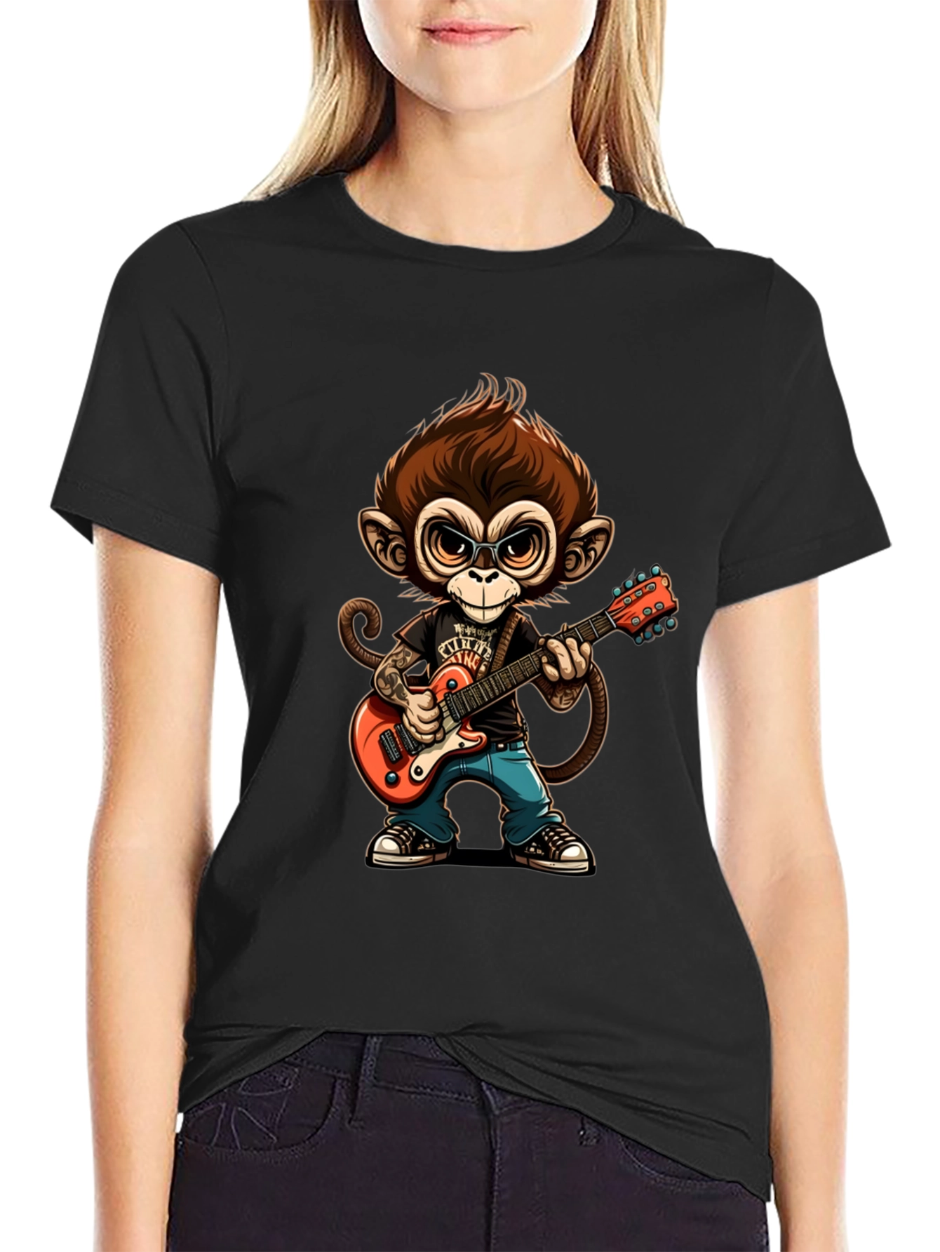 Monkey Guitarist Graphic Tee - Black Cotton T-Shirt