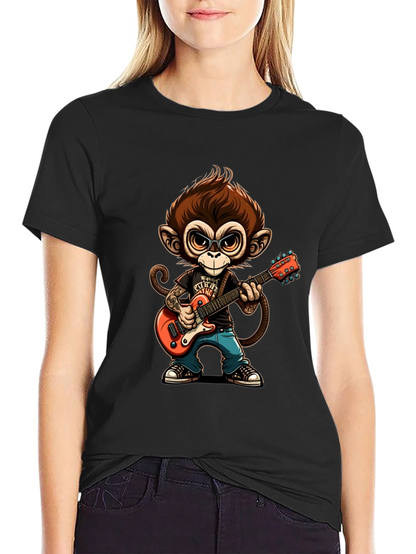 Monkey Guitarist Graphic Tee - Black Cotton T-Shirt
