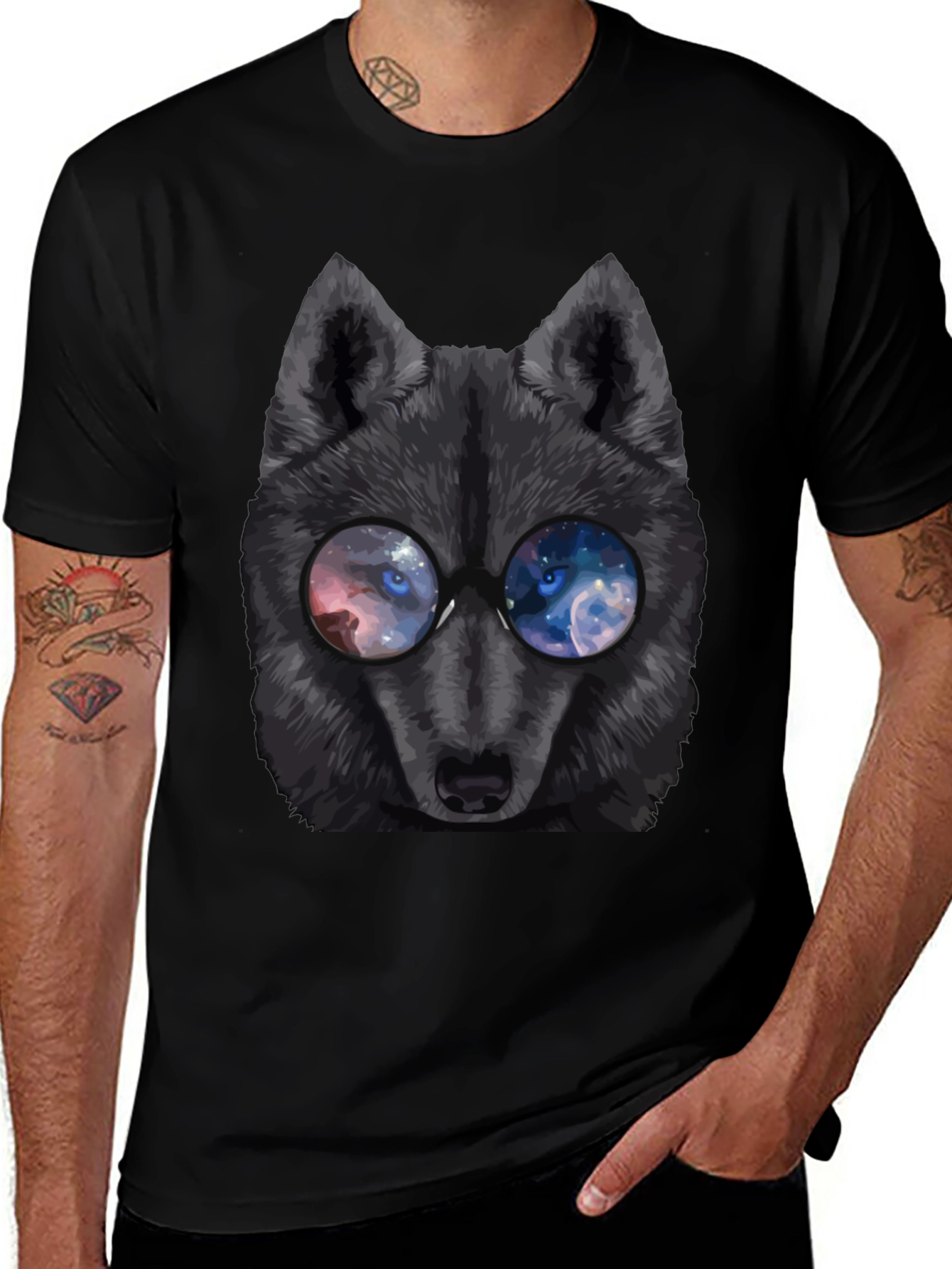 Wolf with Galaxy Eyes T-Shirt - Mens Black Tee