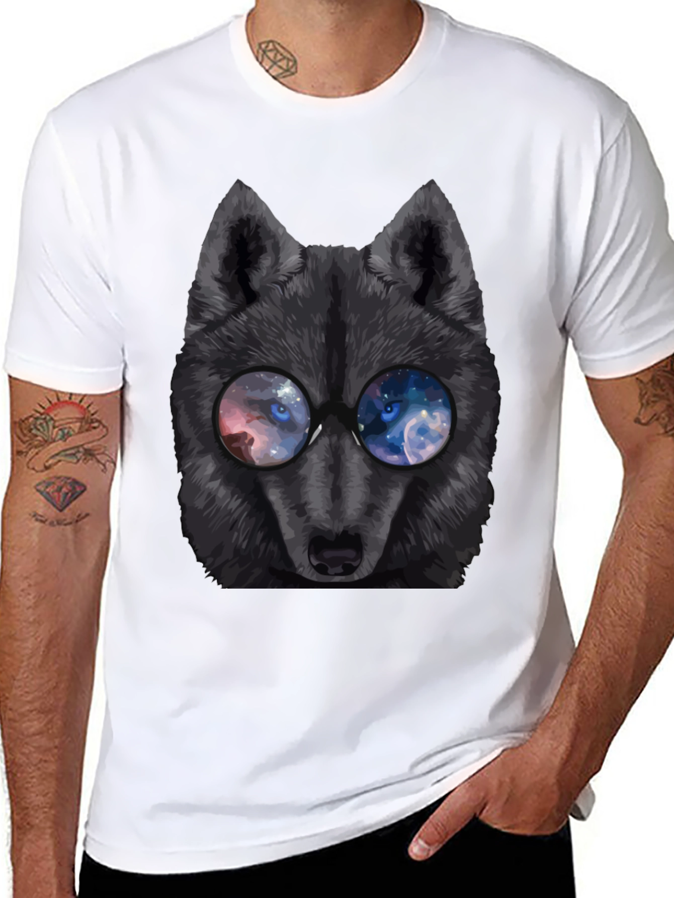 Wolf with Galaxy Eyes T-Shirt - Mens Black Tee