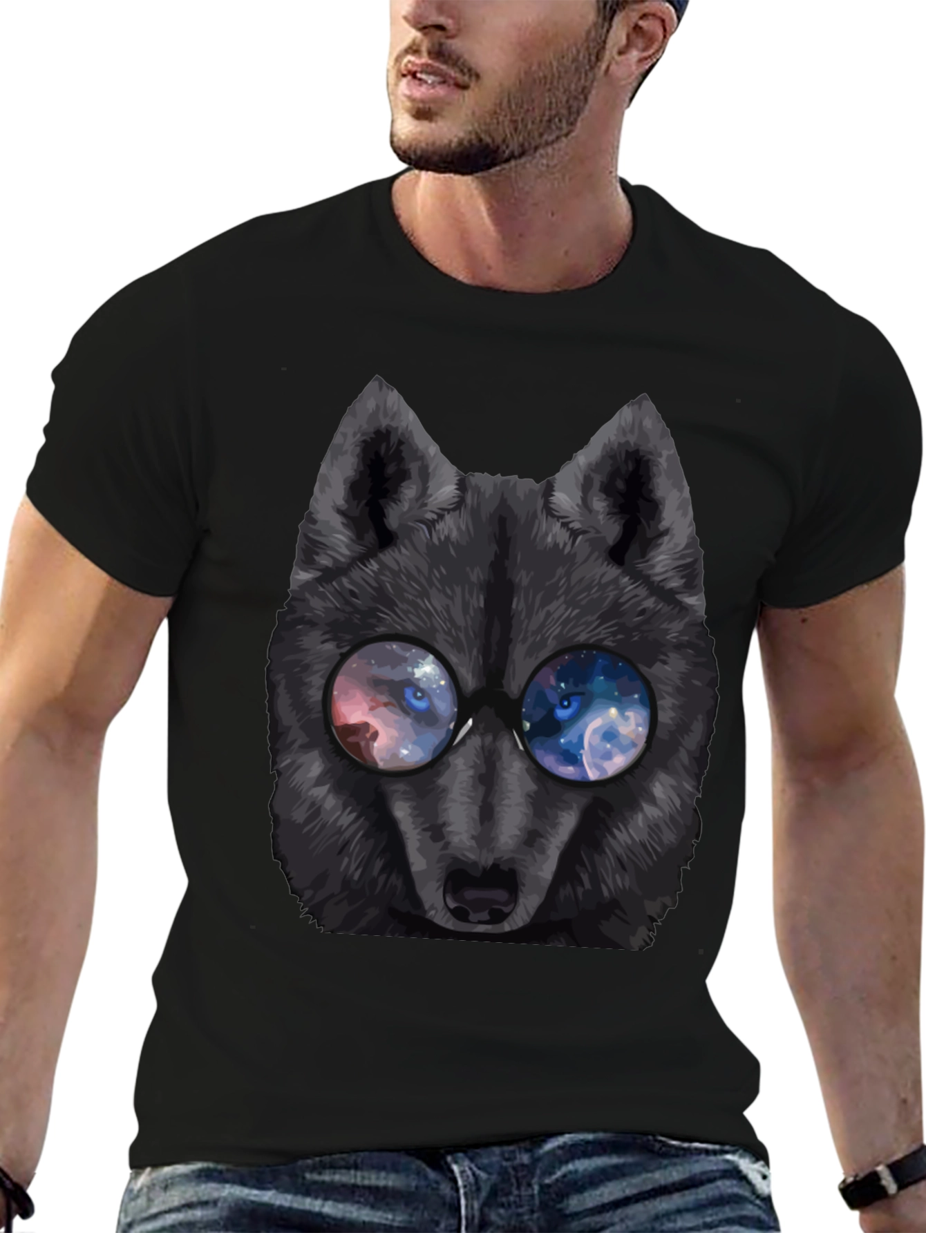 Wolf with Galaxy Eyes T-Shirt - Mens Black Tee