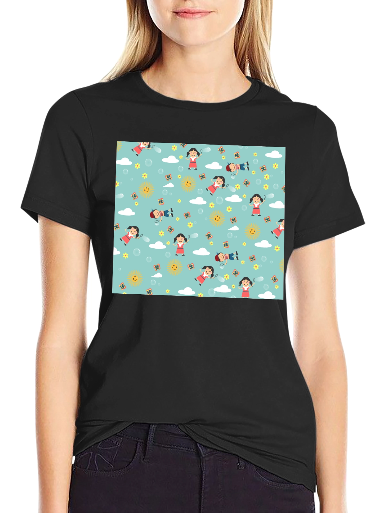 Cartoon Print Black Cotton Tee
