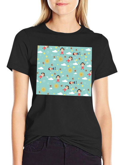 Cartoon Print Black Cotton Tee
