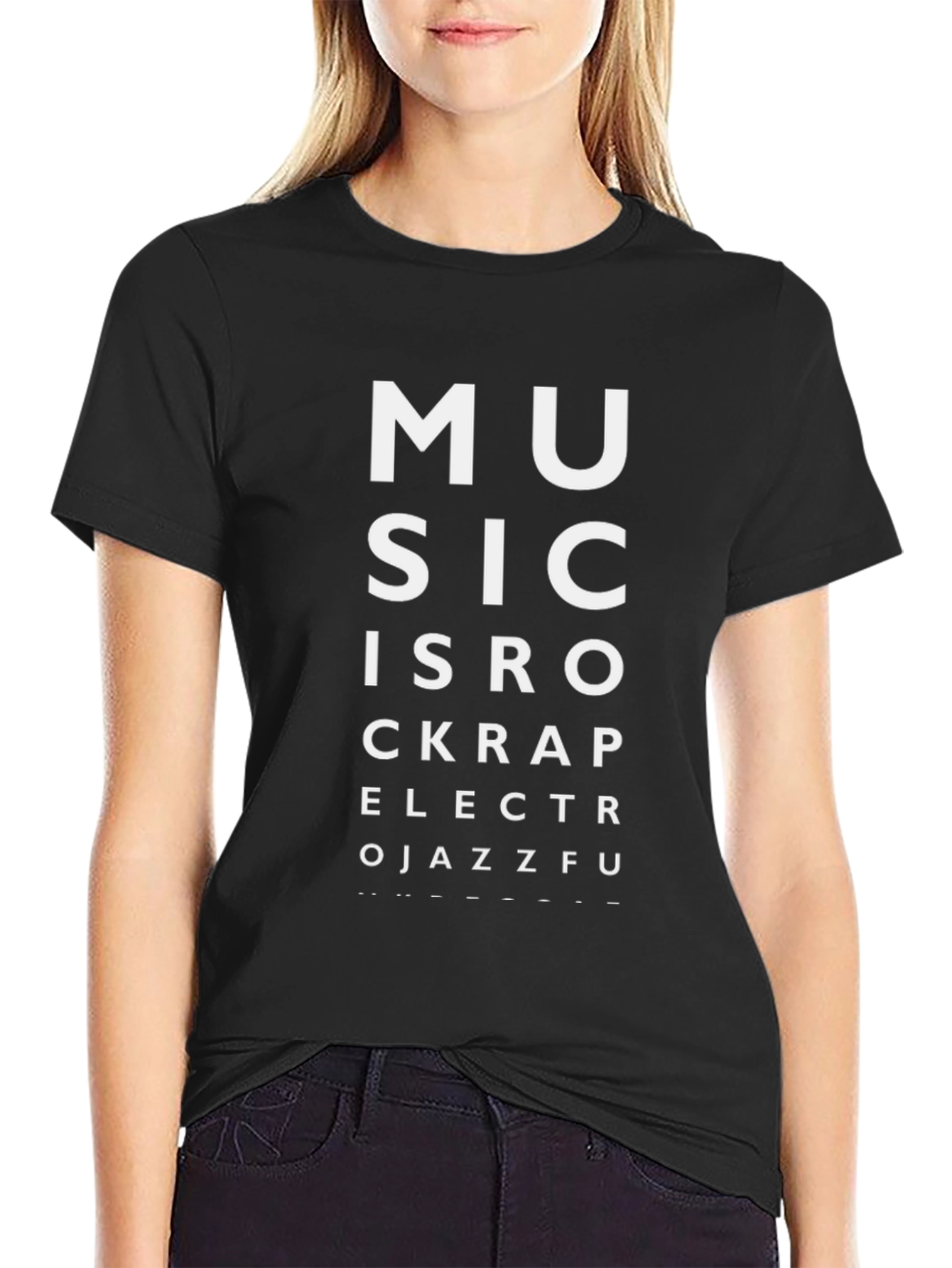 Music Genre Eye Chart Black T-Shirt
