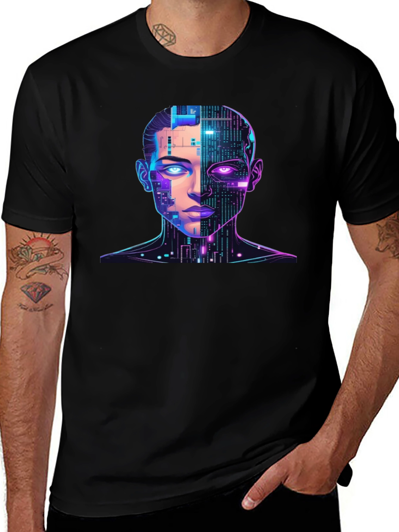Cyberpunk AI Portrait Graphic Tee - Black