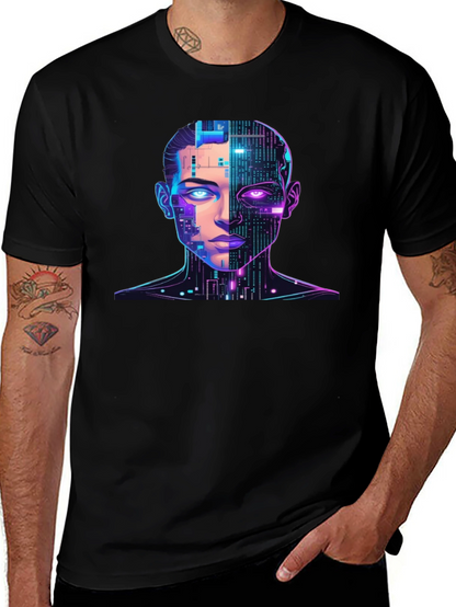 Cyberpunk AI Portrait Graphic Tee - Black