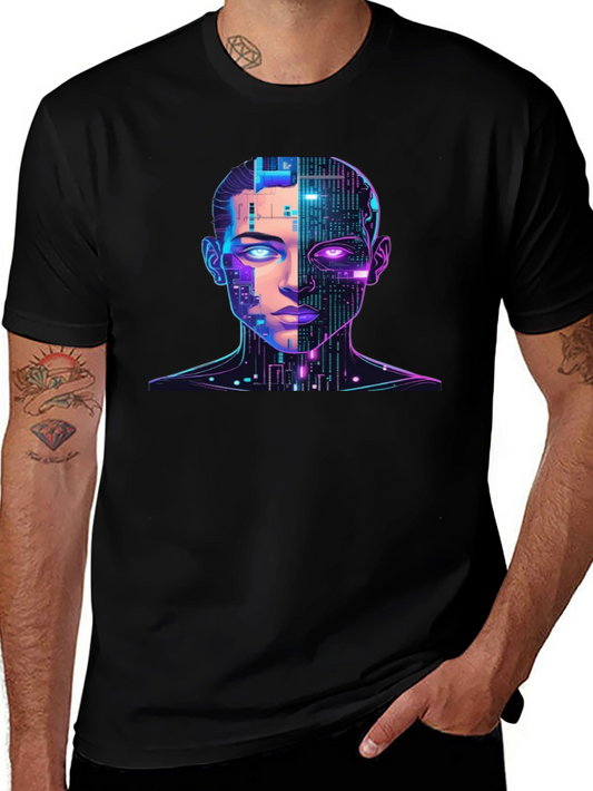 Cyberpunk AI Portrait Graphic Tee - Black