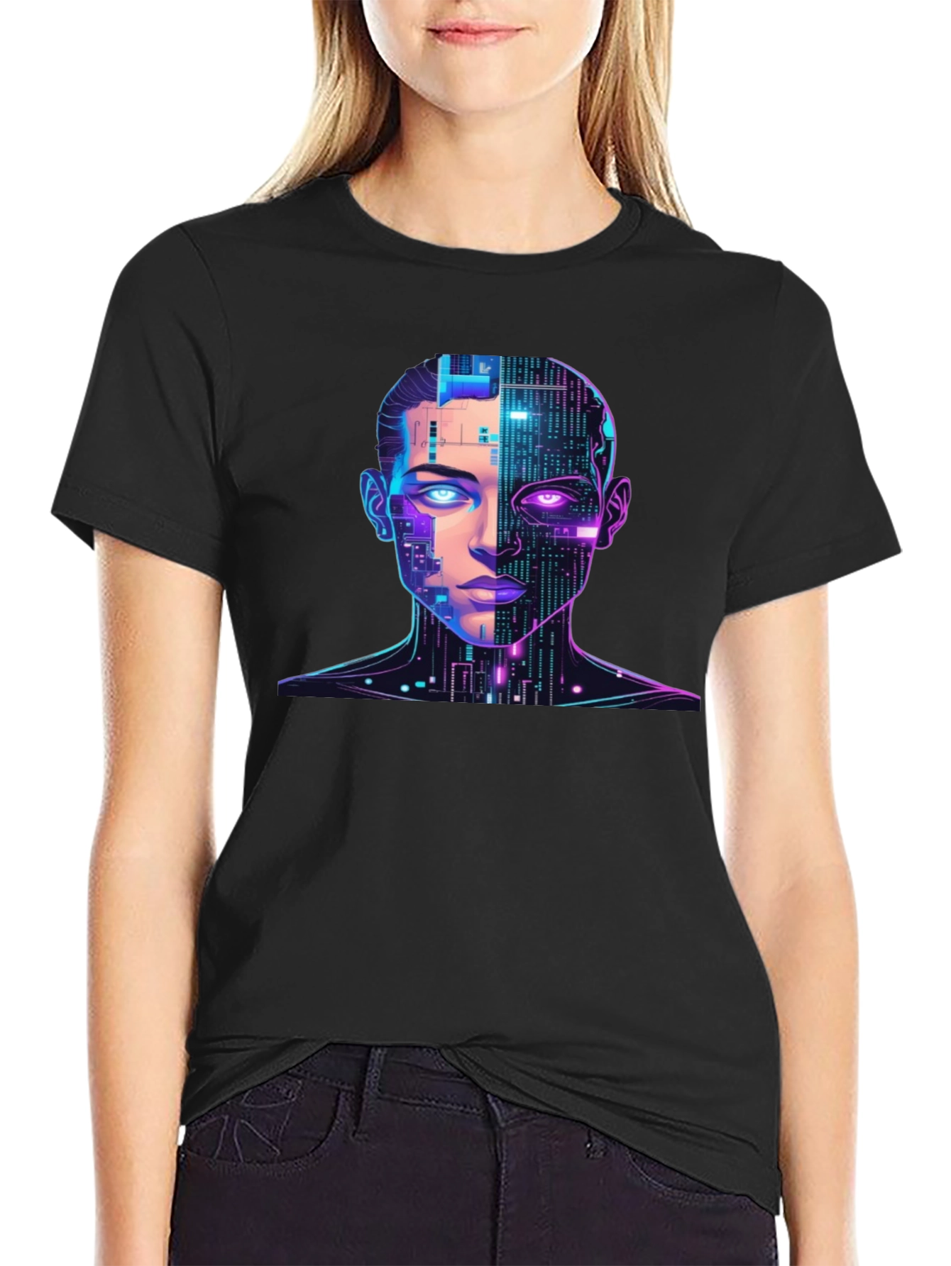 Cyberpunk AI Portrait Graphic Tee - Black