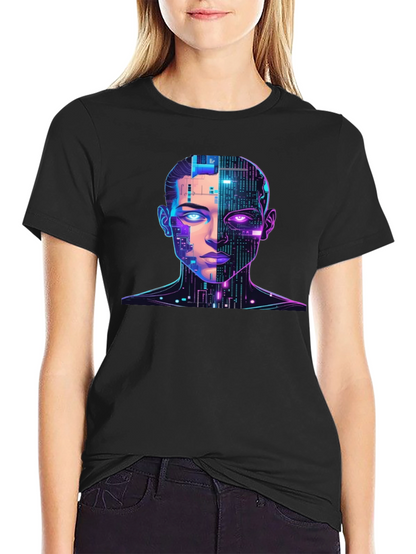 Cyberpunk AI Portrait Graphic Tee - Black