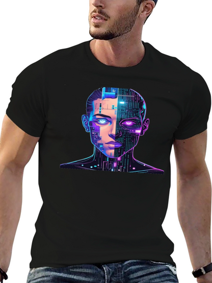 Cyberpunk AI Portrait Graphic Tee - Black