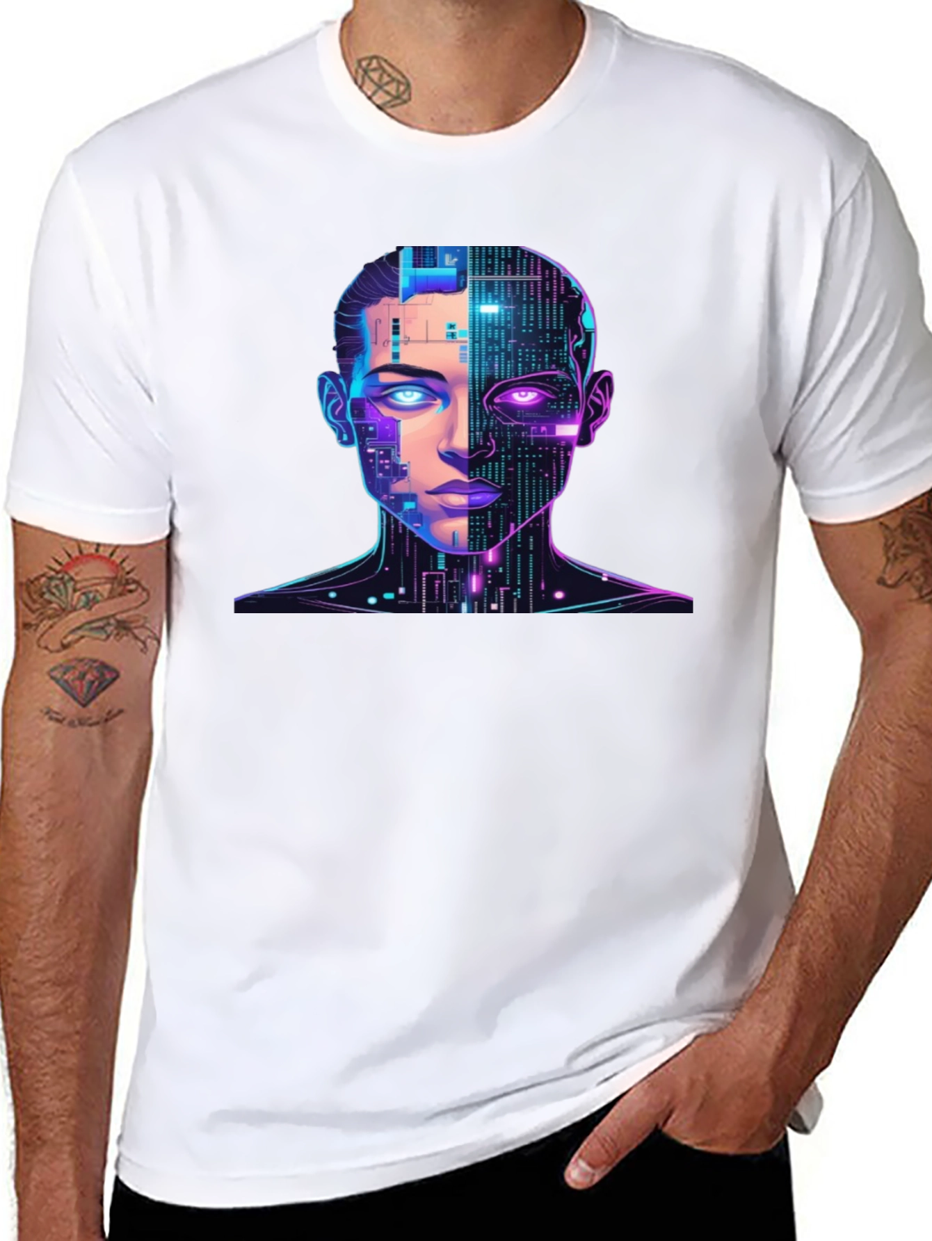 Cyberpunk AI Portrait Graphic Tee - Black