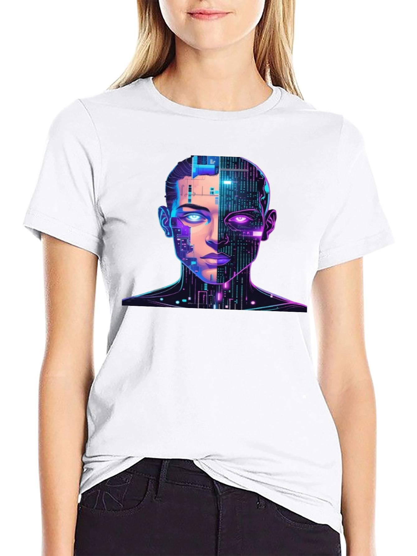 Cyberpunk AI Portrait Graphic Tee - Black
