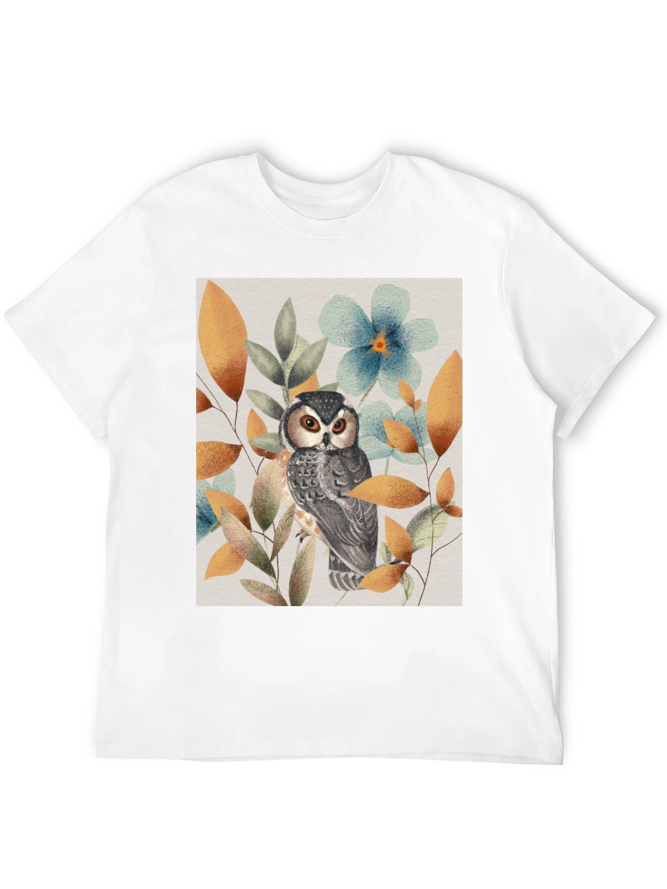 Owl and Floral Print Black T-Shirt