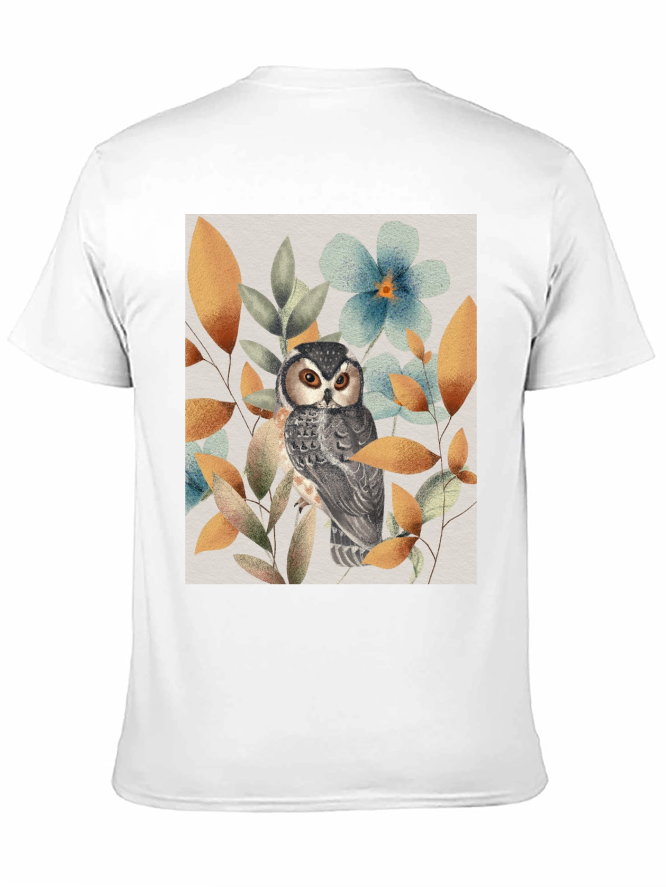 Owl and Floral Print Black T-Shirt