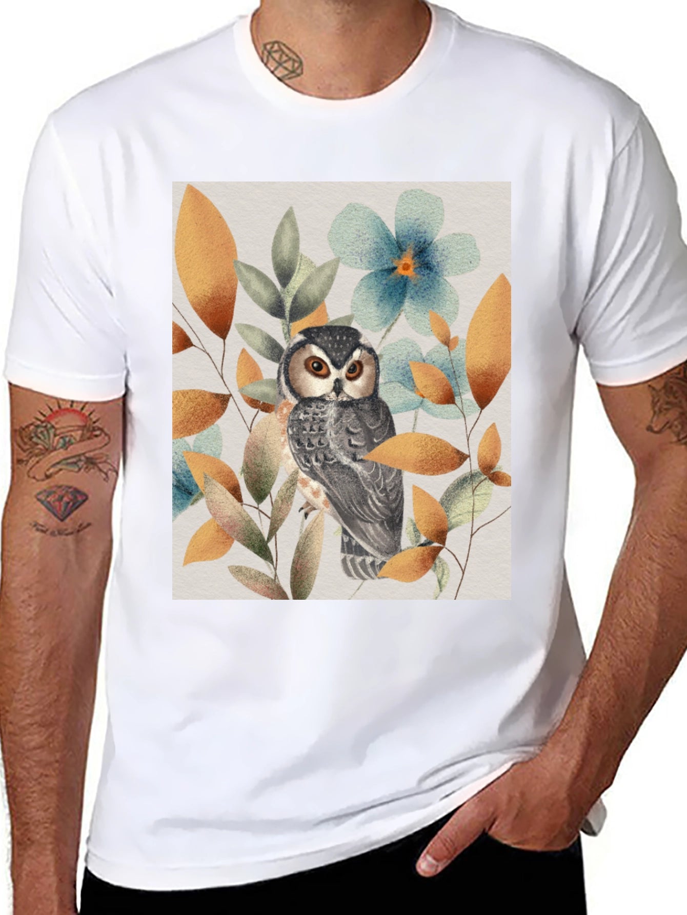 Owl and Floral Print Black T-Shirt