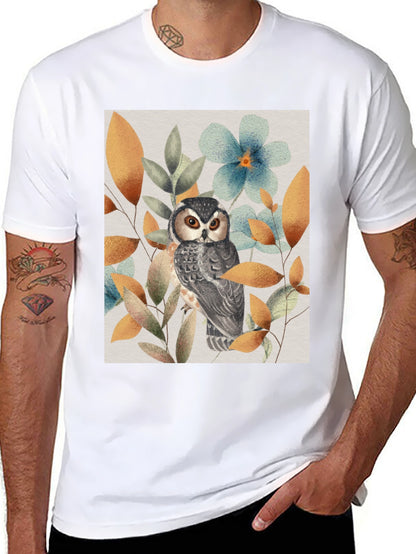 Owl and Floral Print Black T-Shirt