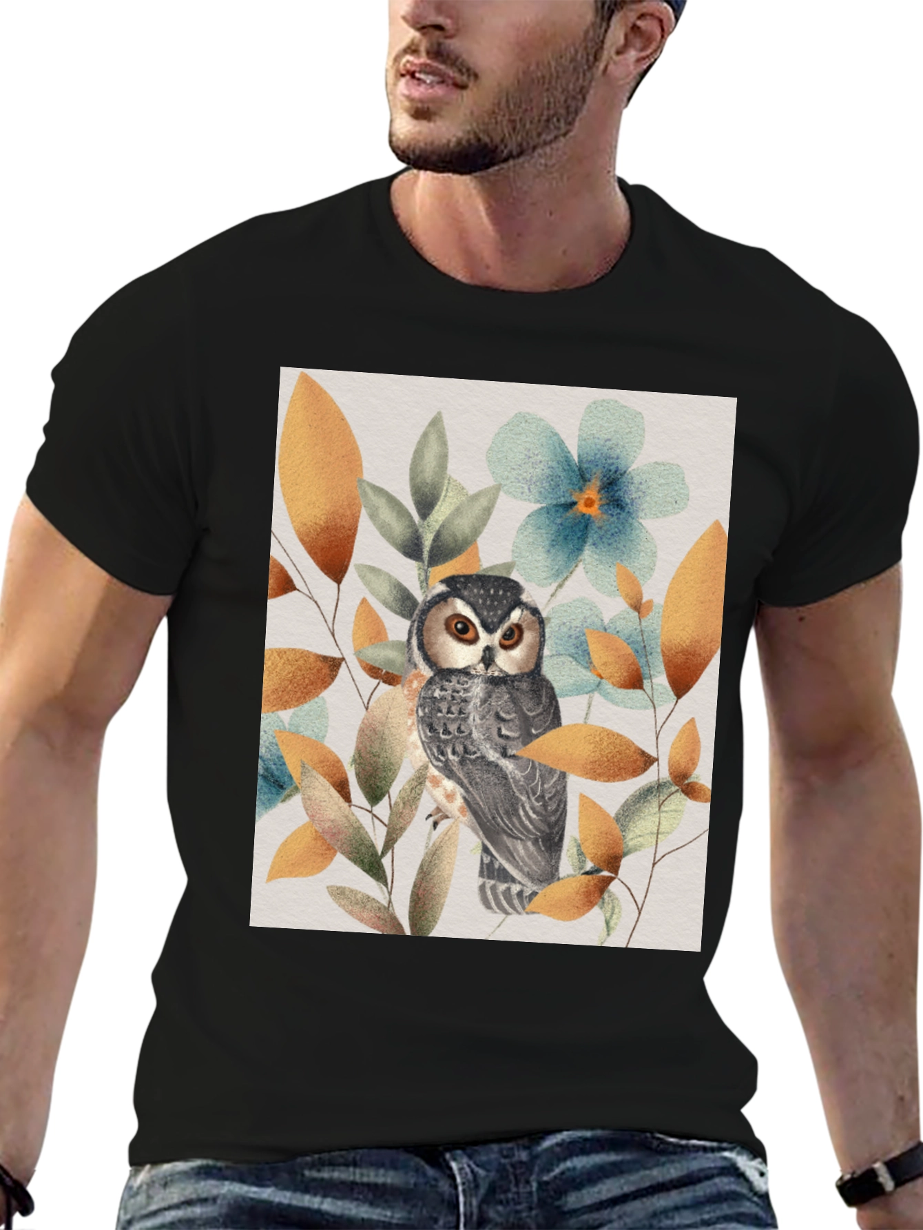 Owl and Floral Print Black T-Shirt