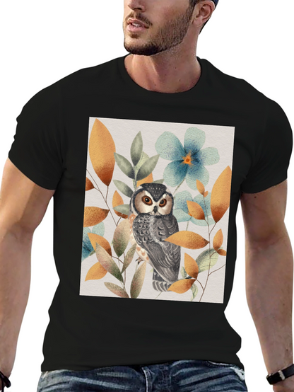 Owl and Floral Print Black T-Shirt