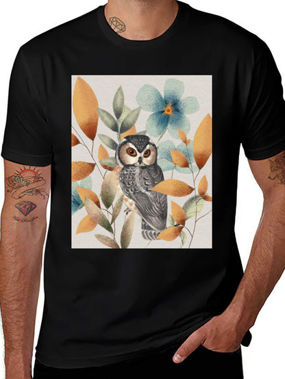 Owl and Floral Print Black T-Shirt