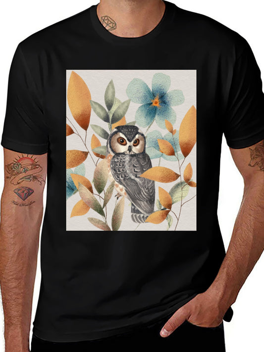 Owl and Floral Print Black T-Shirt