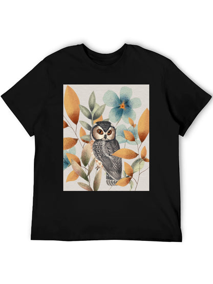 Owl and Floral Print Black T-Shirt