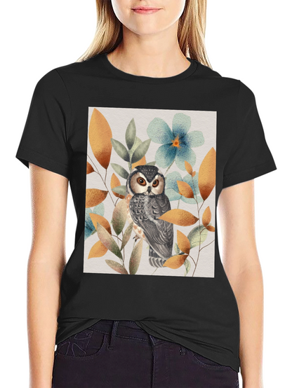 Owl and Floral Print Black T-Shirt