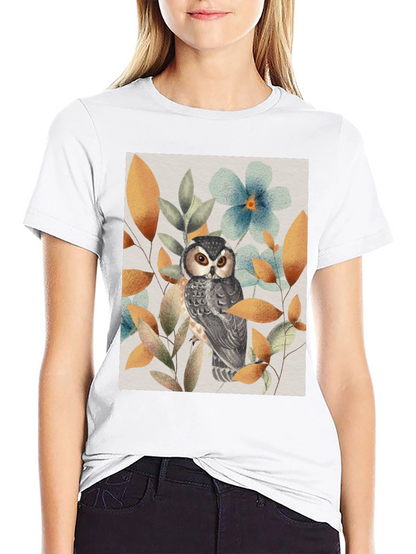 Owl and Floral Print Black T-Shirt