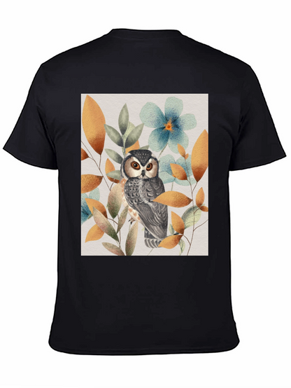 Owl and Floral Print Black T-Shirt