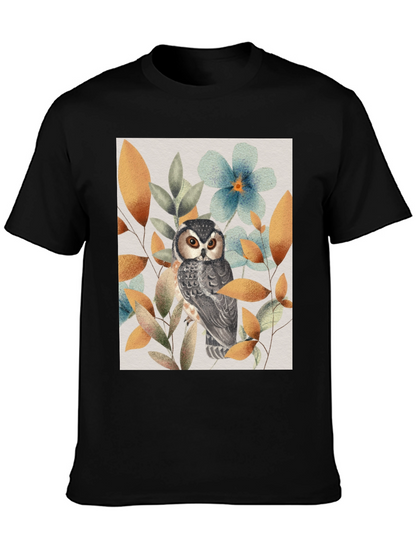 Owl and Floral Print Black T-Shirt
