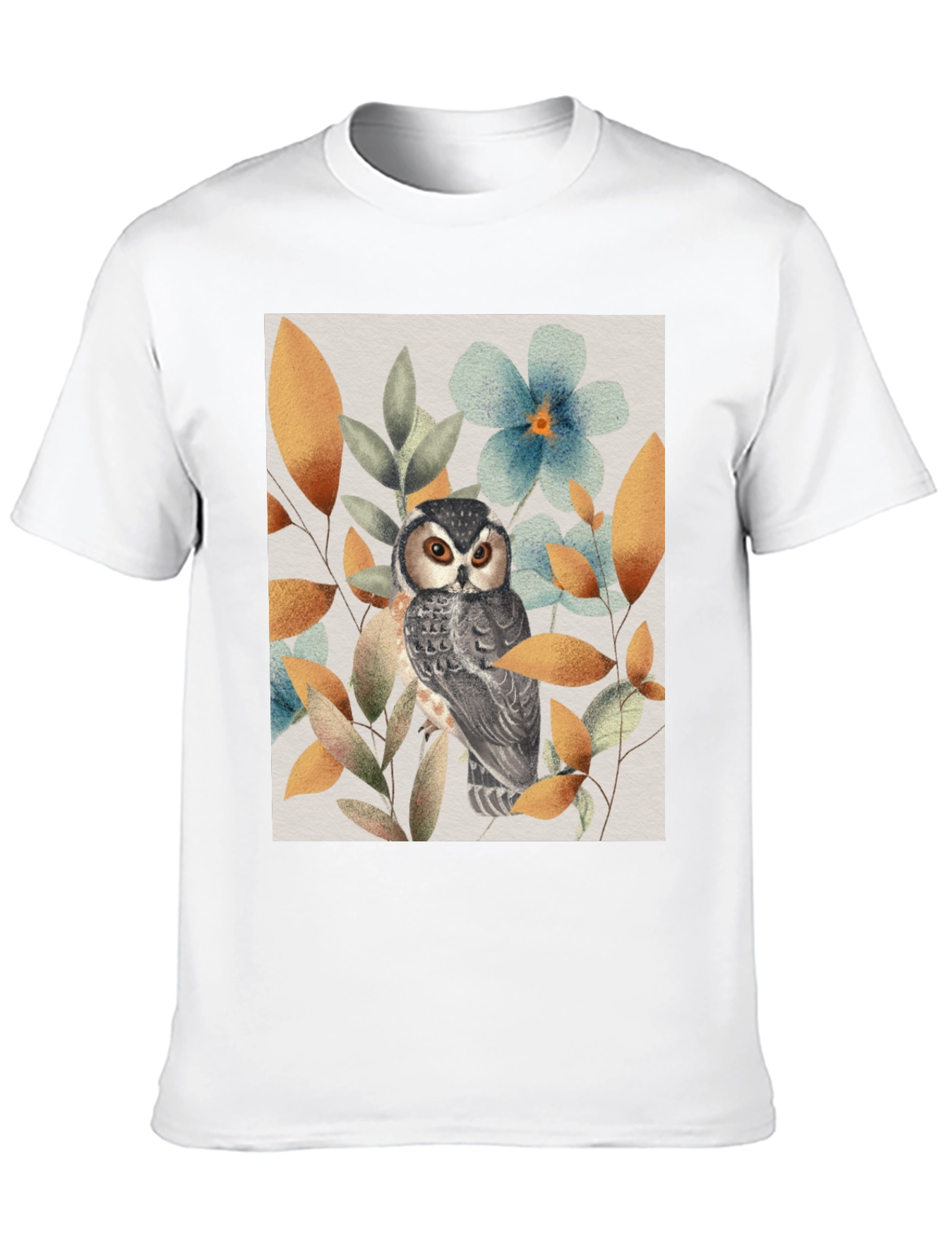Owl and Floral Print Black T-Shirt