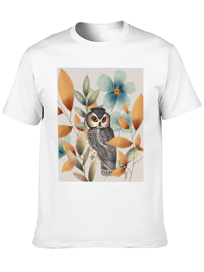 Owl and Floral Print Black T-Shirt