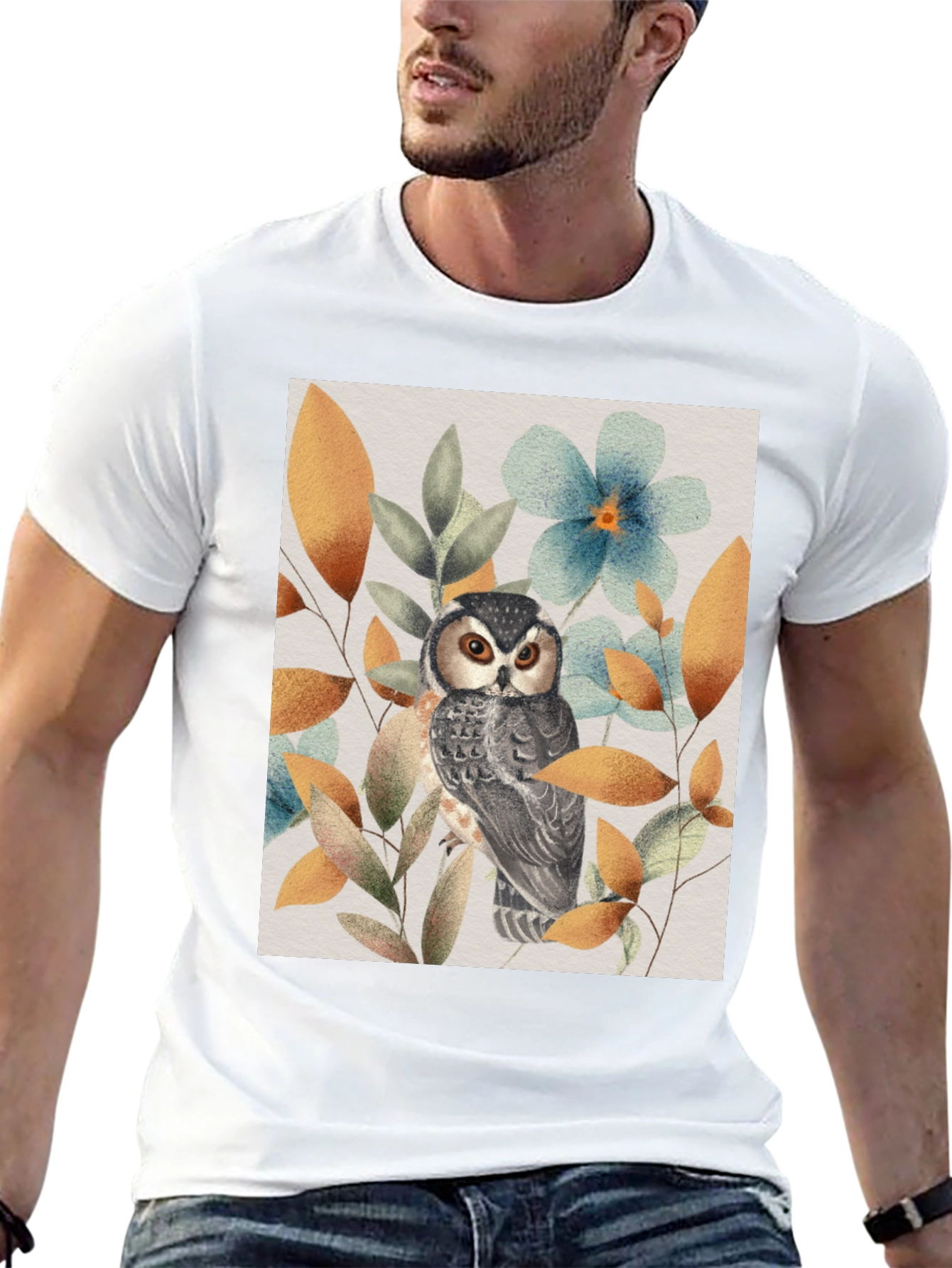 Owl and Floral Print Black T-Shirt