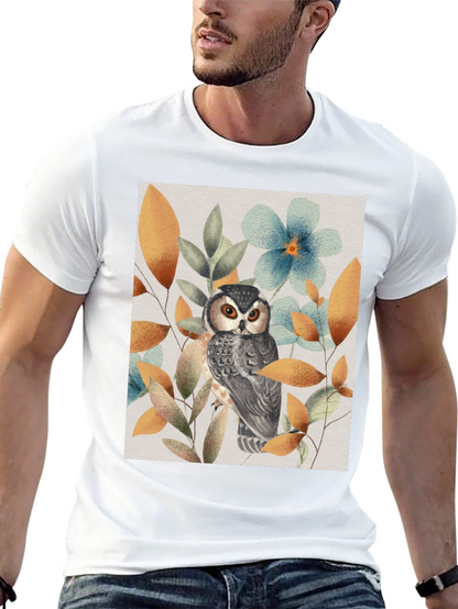 Owl and Floral Print Black T-Shirt