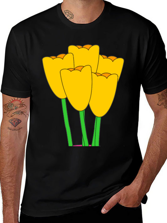 Floral Graphic Tee - Yellow Tulips on Black Cotton