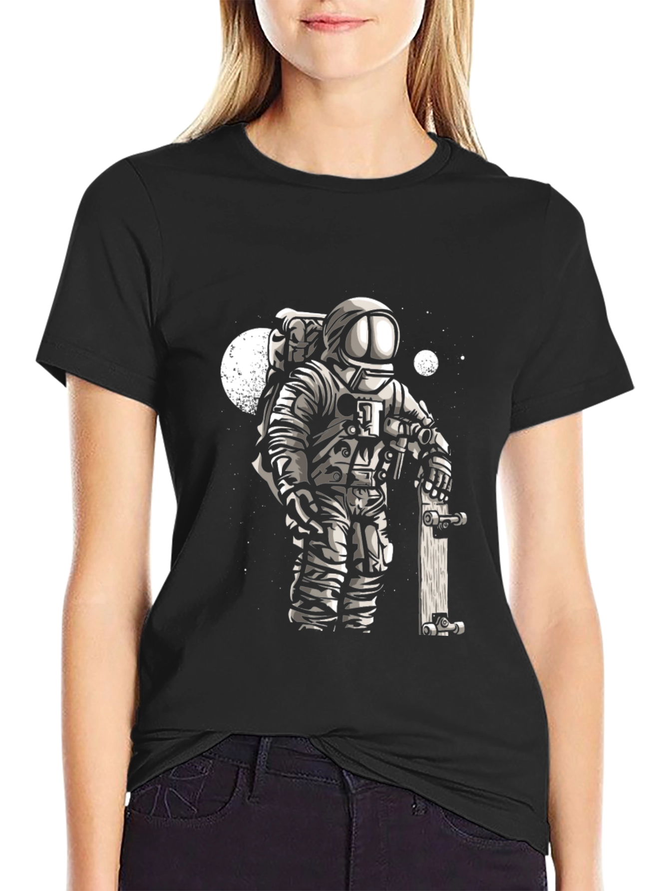 Astronaut Skateboarder Graphic Tee - Cool Black T-Shirt
