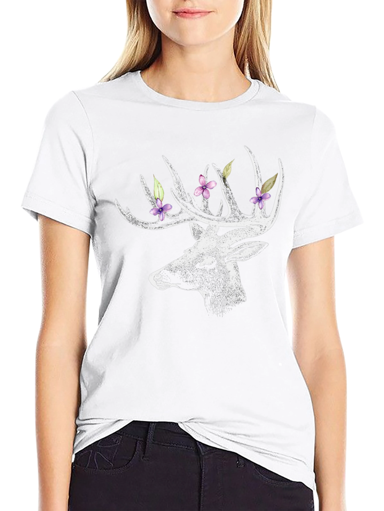 Deer with Floral Antlers Graphic Tee