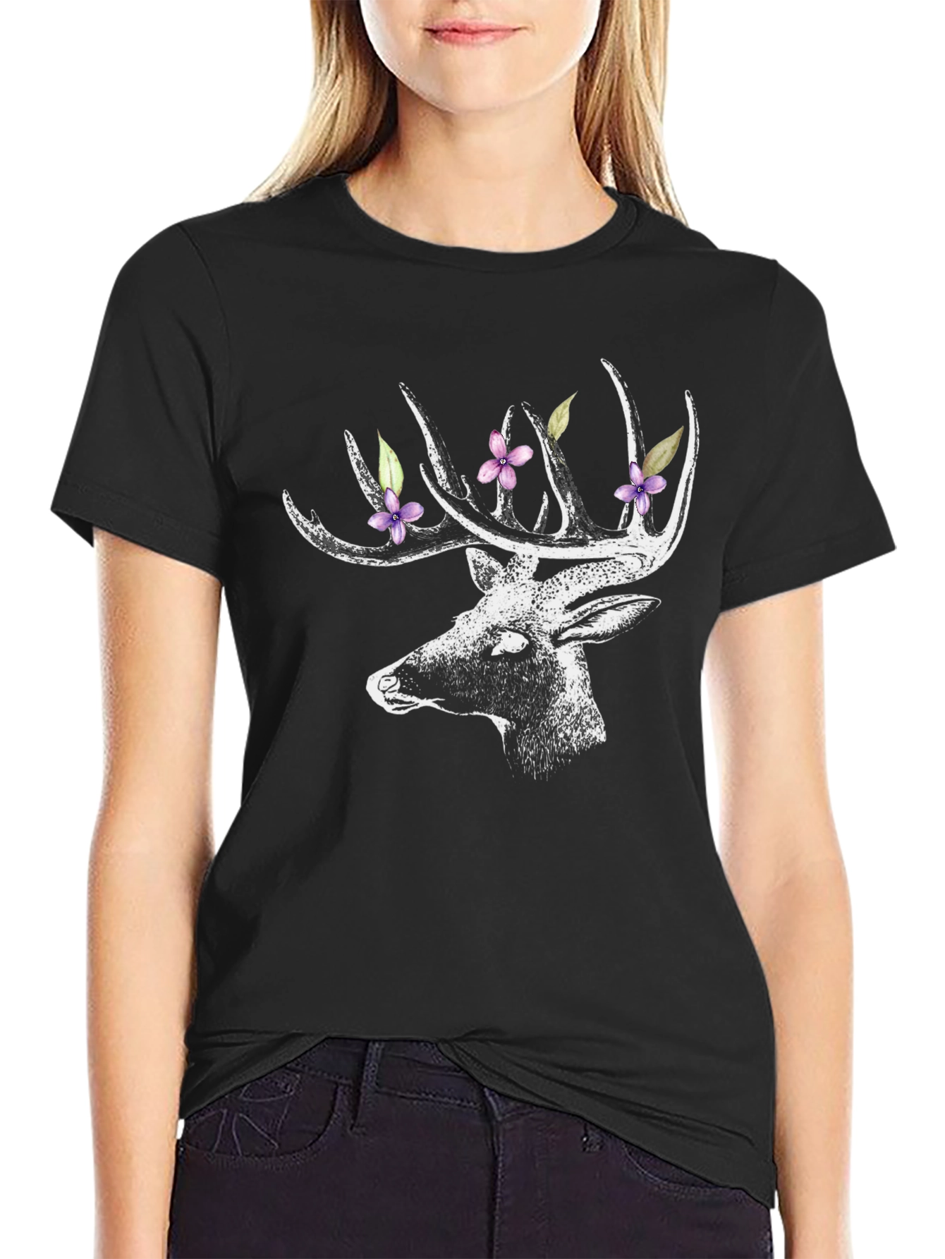 Deer with Floral Antlers Graphic Tee
