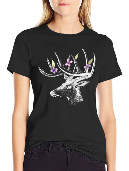 Deer with Floral Antlers Graphic Tee