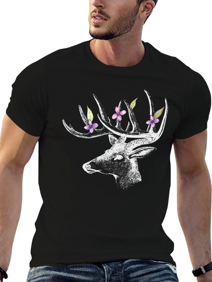 Deer with Floral Antlers Graphic Tee