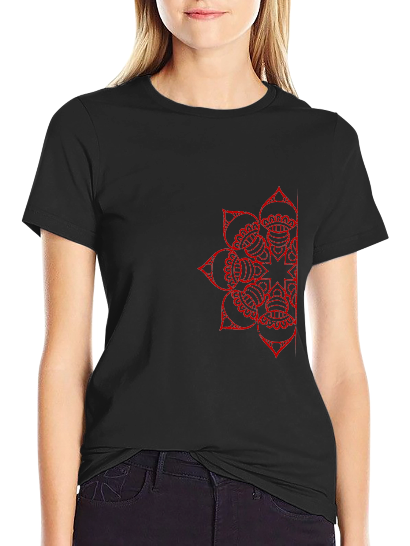Black T-Shirt with Red Mandala Design
