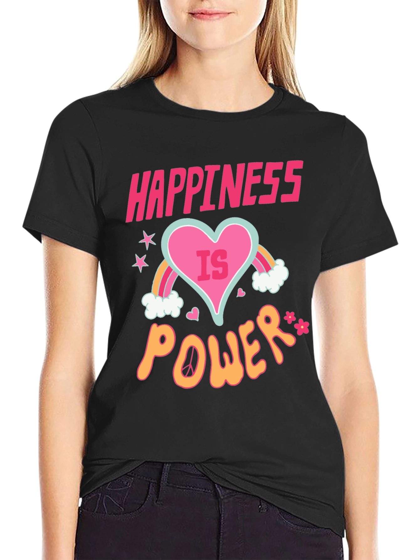 Happiness is Power Black Graphic T-Shirt