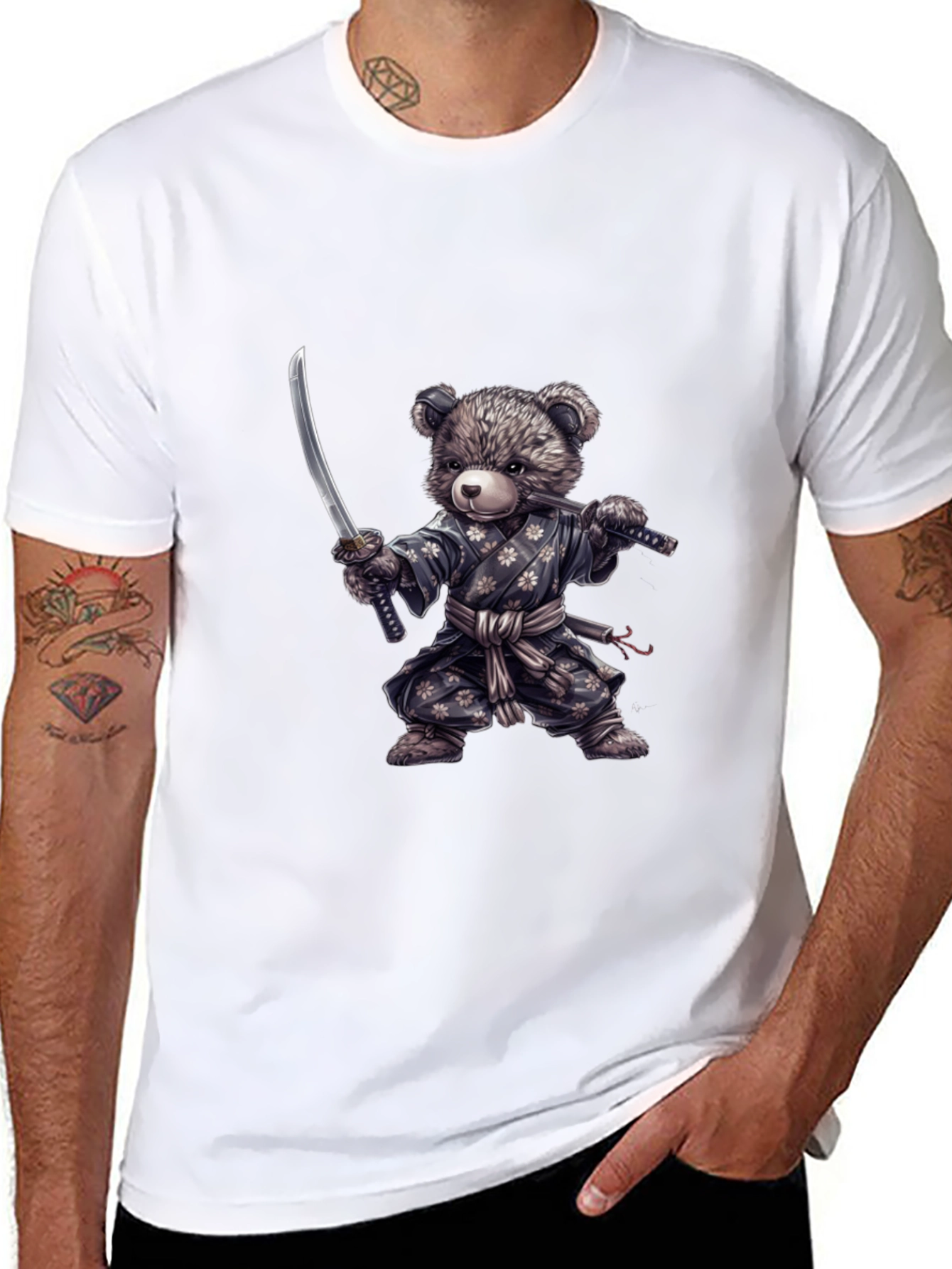 Samurai Bear Graphic Tee - Black Cotton T-Shirt